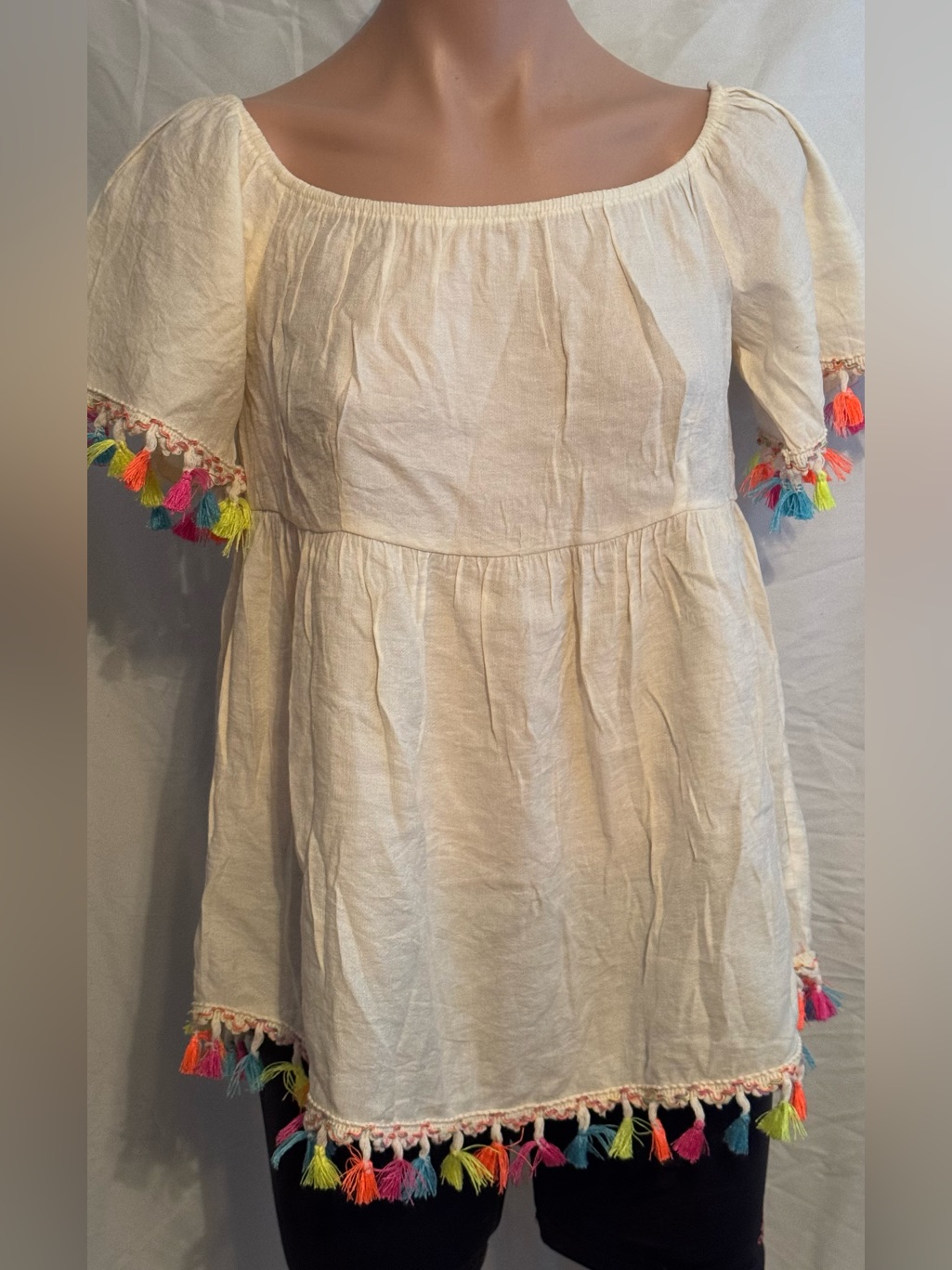 New! Festive Fun Cream Tassel-Trim Peasant Top